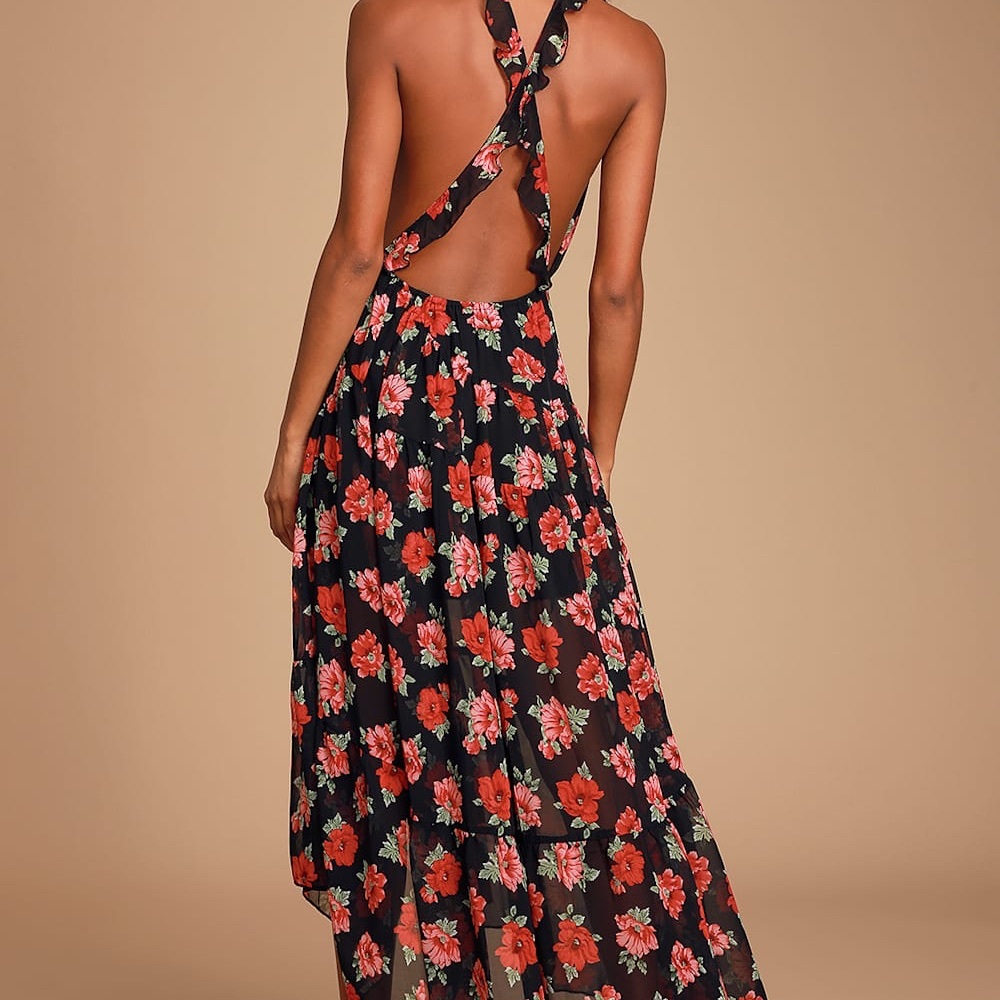 Lulu's Floral Print Chiffon Halter Maxi Dress, Backless - M - Picture 4 of 12